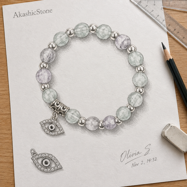 Green Lilac Fluorite Evil Eye Bracelet - line art