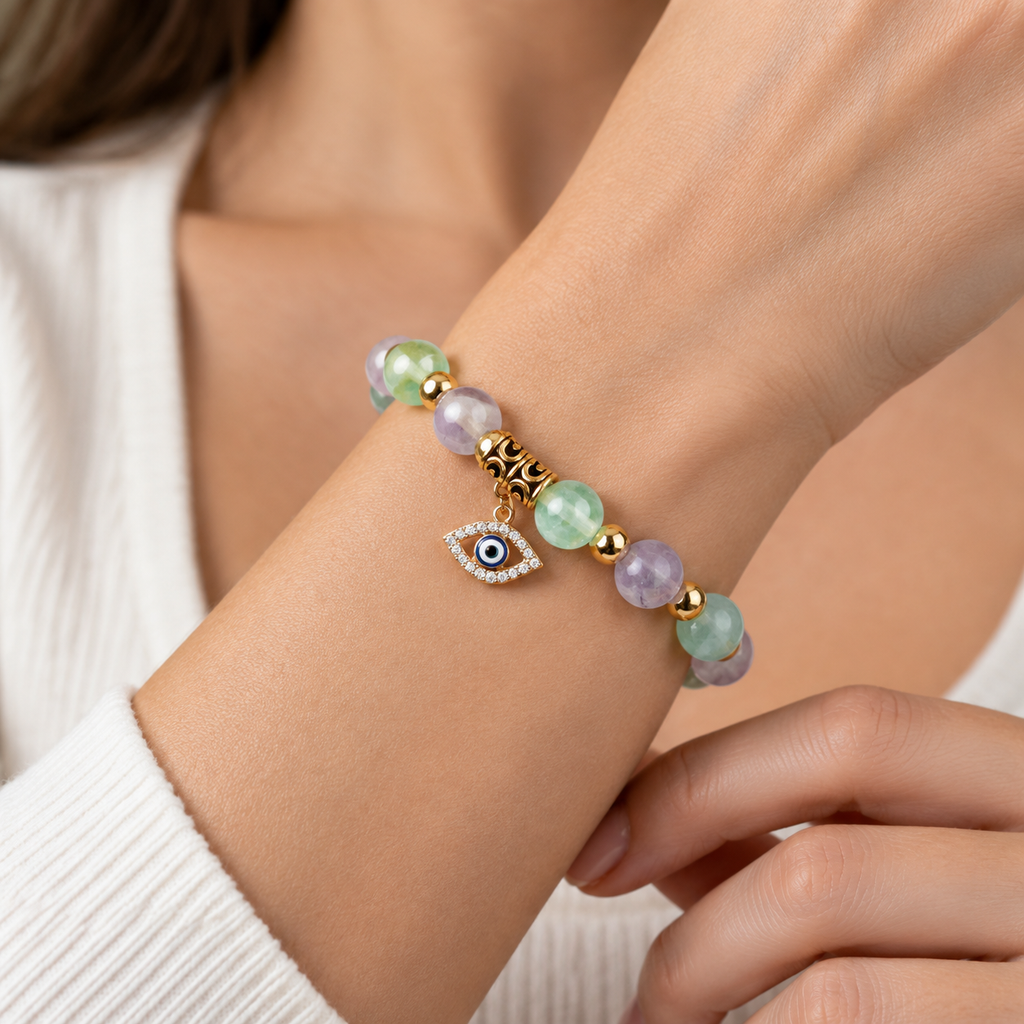 Green Lilac Fluorite Evil Eye Bracelet - wear closeup
