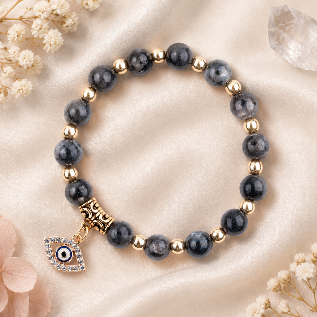 Grey Black Stone Evil Eye Bracelet - flat lay