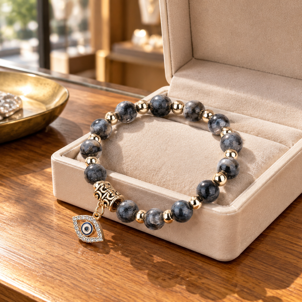 Grey Black Stone Evil Eye Bracelet - lifestyle