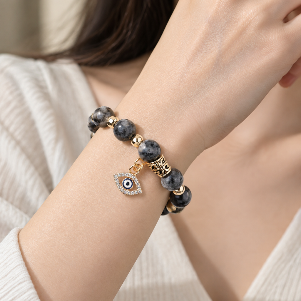 Grey Black Stone Evil Eye Bracelet - wear closeup
