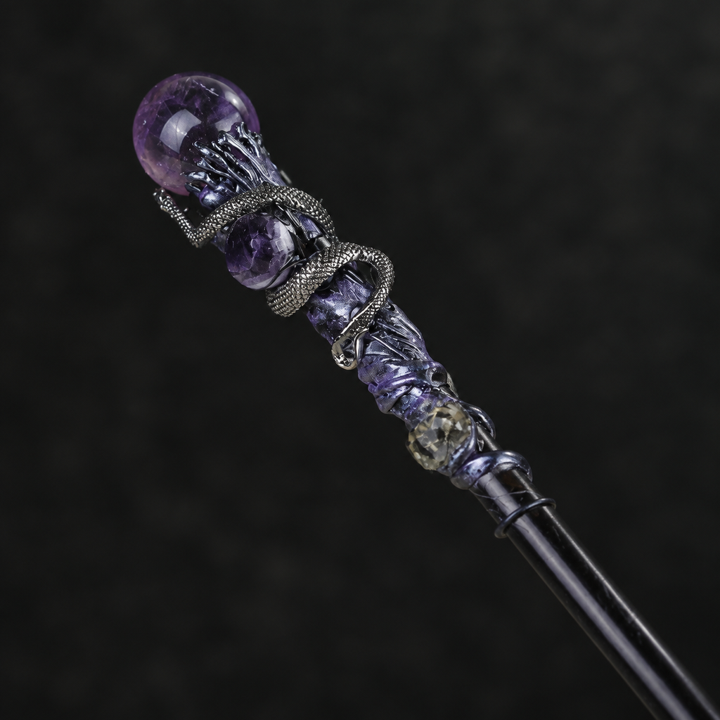 Handmade Amethyst Crystal Magic Ritual Wand with Wooden Shaft - fitting detail