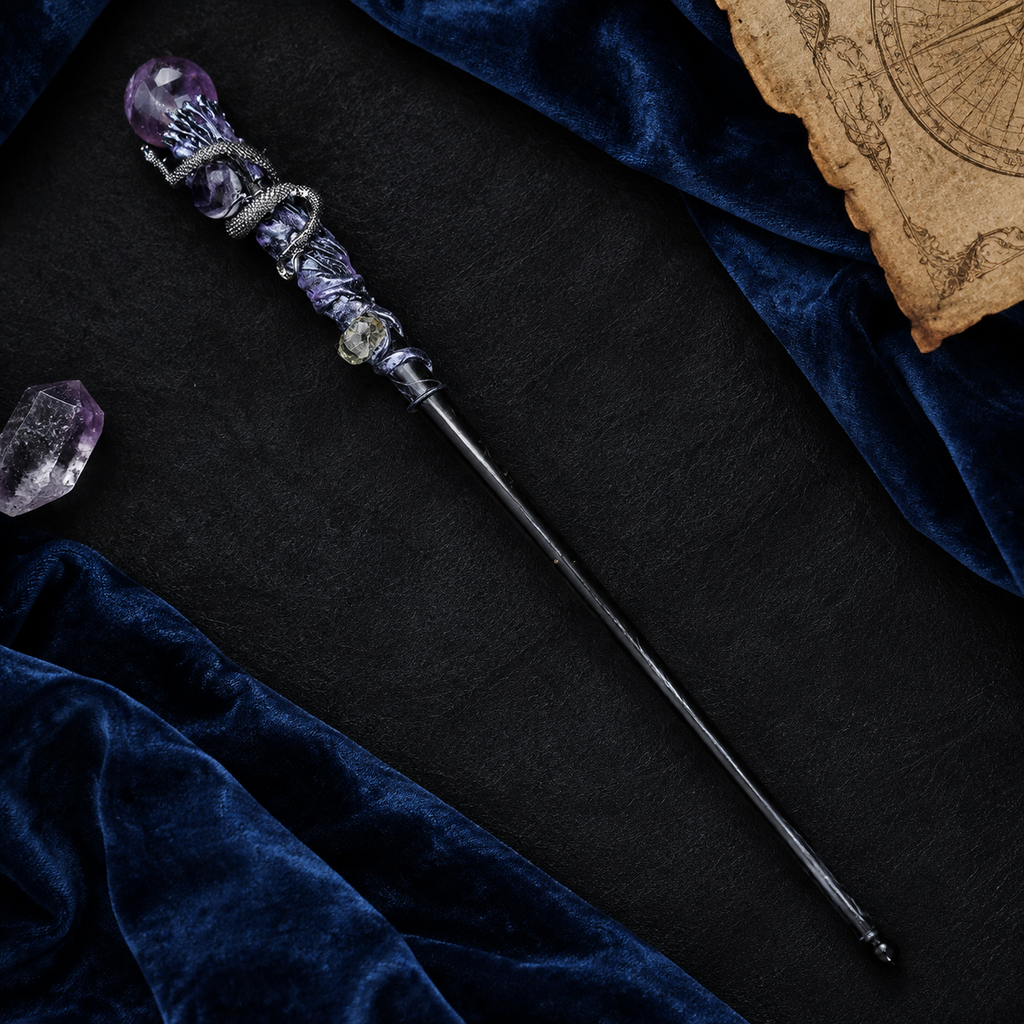 Handmade Amethyst Crystal Magic Ritual Wand with Wooden Shaft - flat lay