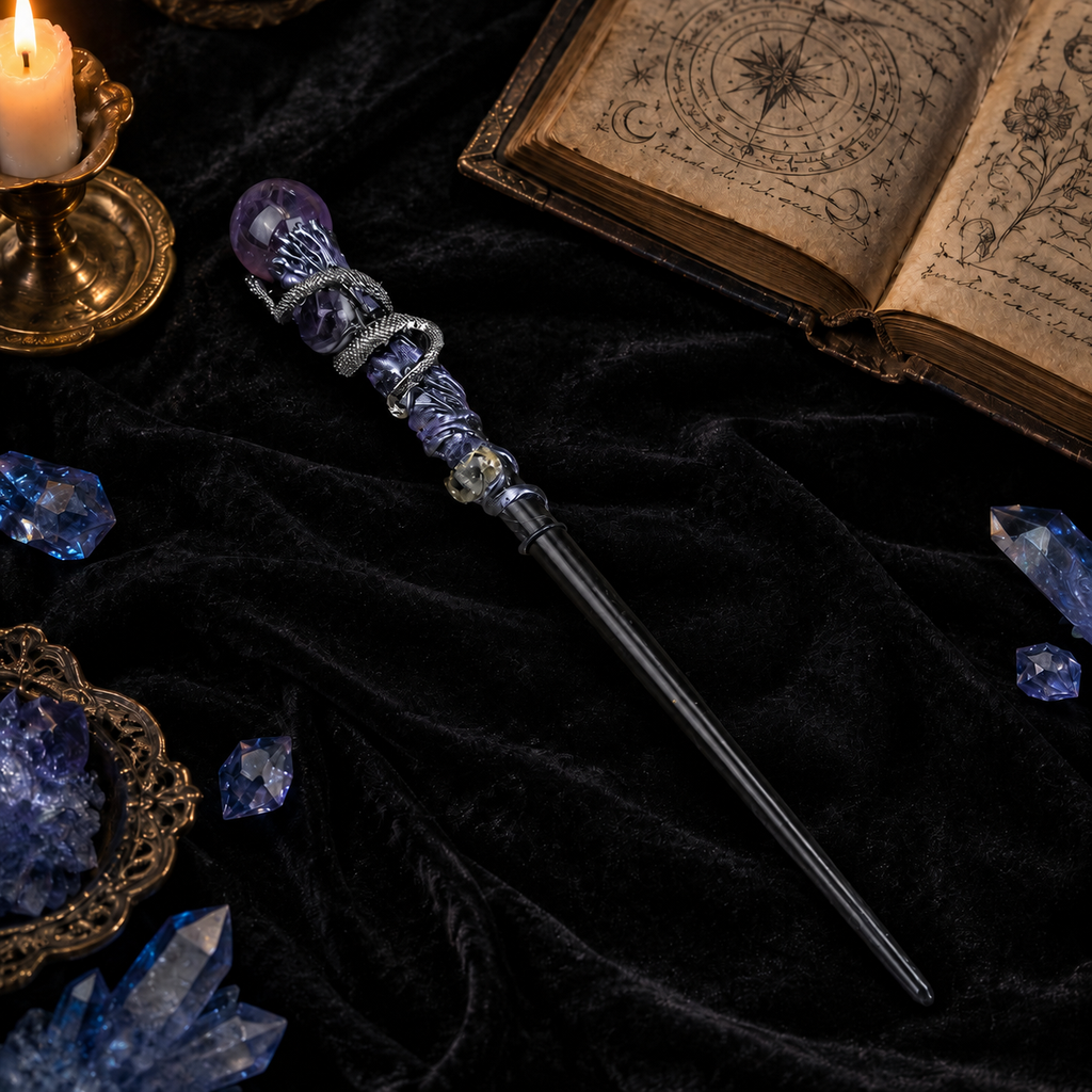 Handmade Amethyst Crystal Magic Ritual Wand with Wooden Shaft - styled lifestyle
