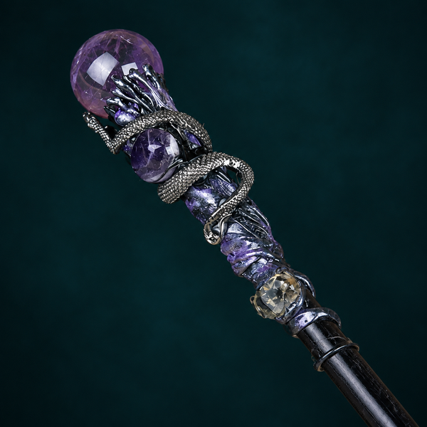 Handmade Amethyst Crystal Magic Ritual Wand with Wooden Shaft - crystal close up