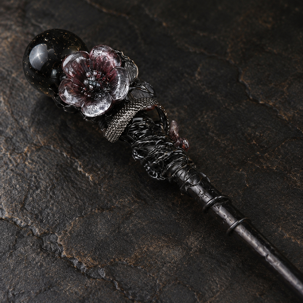 Handmade Blue Sandstone Crystal Magic Ritual Wand with Wooden Shaft - fitting detail