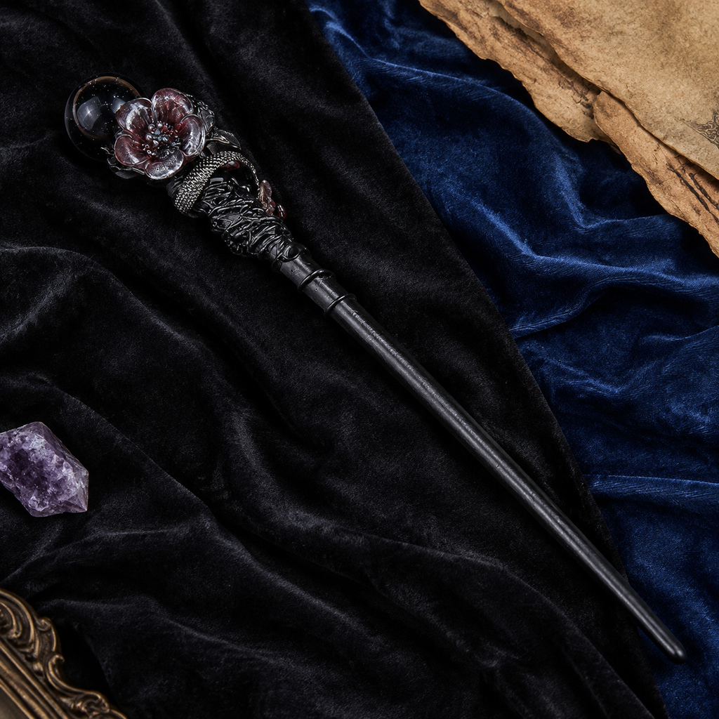 Handmade Blue Sandstone Crystal Magic Ritual Wand with Wooden Shaft - flat lay
