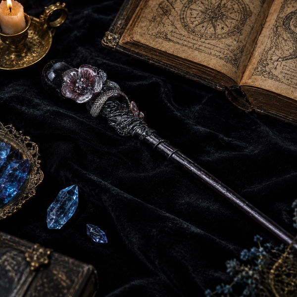 Handmade Blue Sandstone Crystal Magic Ritual Wand with Wooden Shaft - styled lifestyle