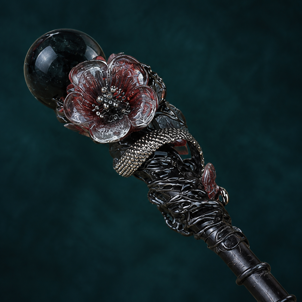 Handmade Blue Sandstone Crystal Magic Ritual Wand with Wooden Shaft - crystal close up