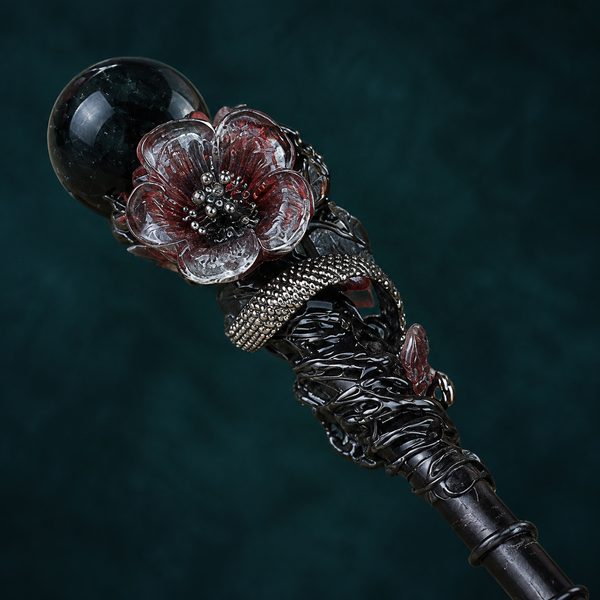 Handmade Blue Sandstone Crystal Magic Ritual Wand with Wooden Shaft - crystal close up