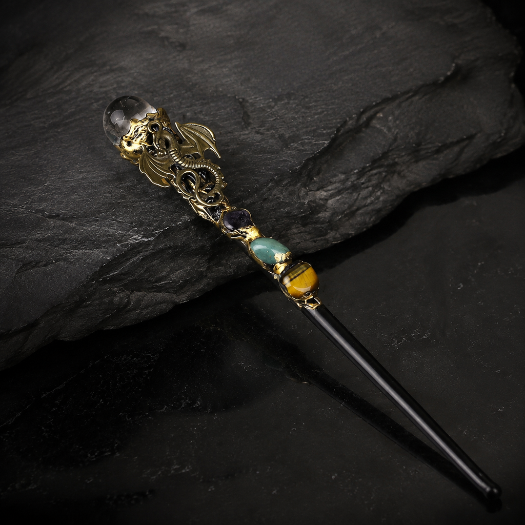 Handmade Clear Quartz Crystal Magic Ritual Wand with Wooden Shaft - crystal detail