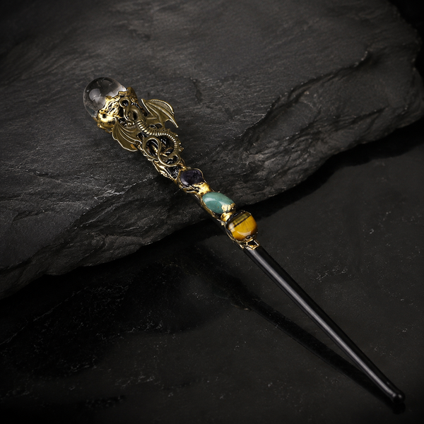 Handmade Clear Quartz Crystal Magic Ritual Wand with Wooden Shaft - crystal detail