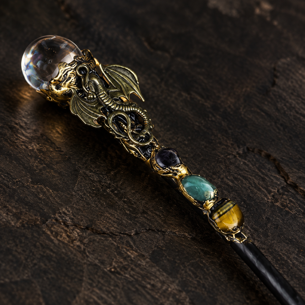Handmade Clear Quartz Crystal Magic Ritual Wand with Wooden Shaft - fitting detail