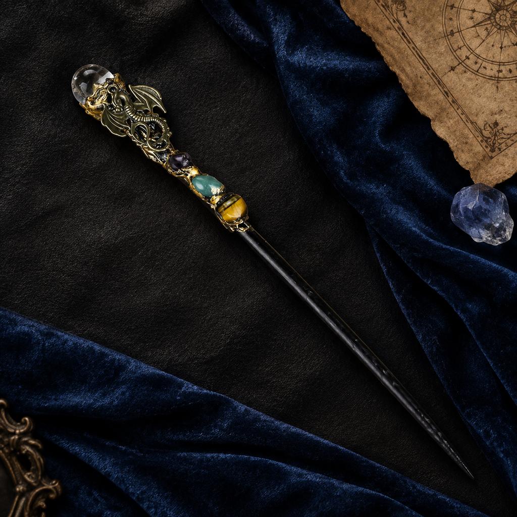 Handmade Clear Quartz Crystal Magic Ritual Wand with Wooden Shaft - flat lay