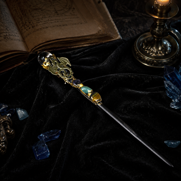 Handmade Clear Quartz Crystal Magic Ritual Wand with Wooden Shaft - styled lifestyle
