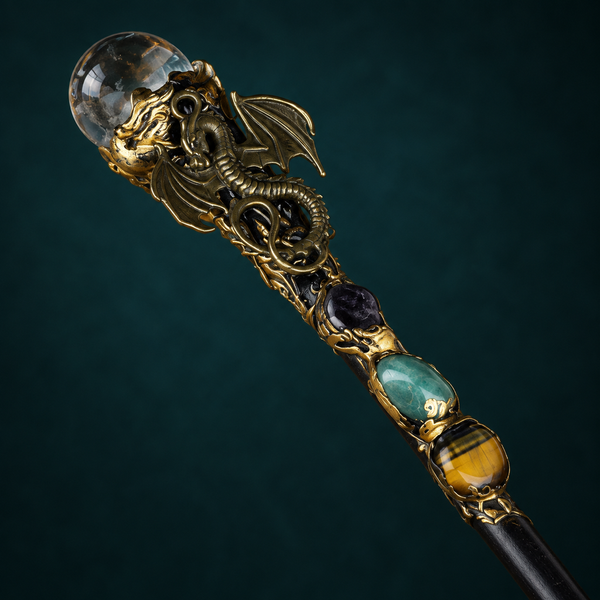 Handmade Clear Quartz Crystal Magic Ritual Wand with Wooden Shaft - crystal close up