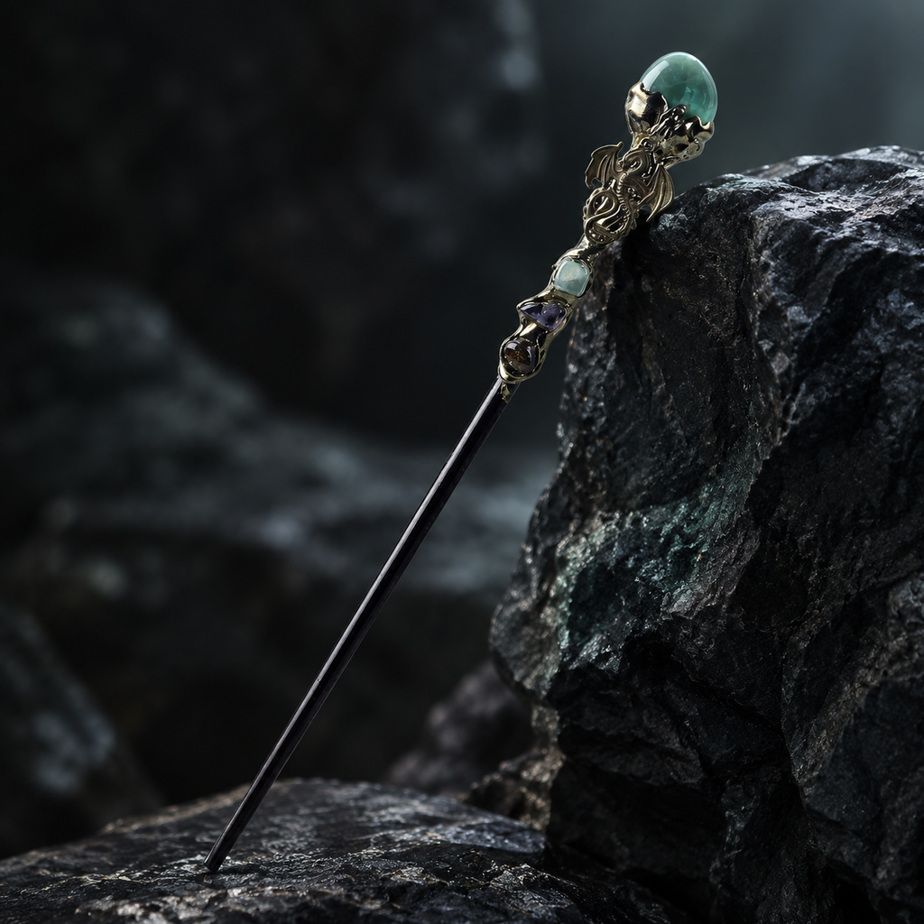 Handmade Green Aventurine Crystal Magic Ritual Wand with Wooden Shaft - crystal detail