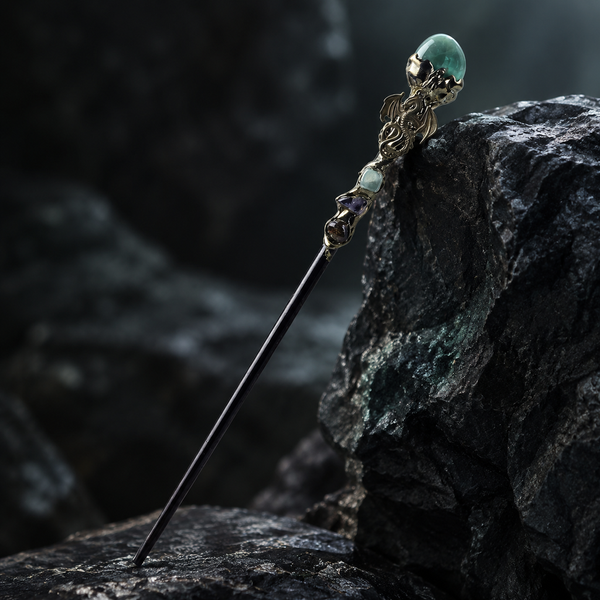 Handmade Green Aventurine Crystal Magic Ritual Wand with Wooden Shaft - crystal detail