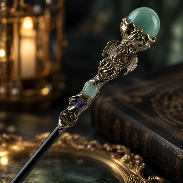 Handmade Green Aventurine Crystal Magic Ritual Wand with Wooden Shaft - fitting detail