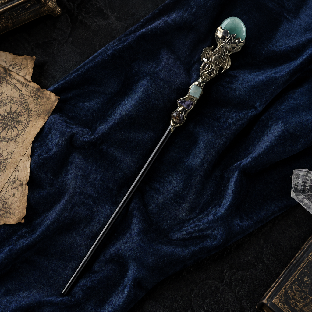 Handmade Green Aventurine Crystal Magic Ritual Wand with Wooden Shaft - flat lay