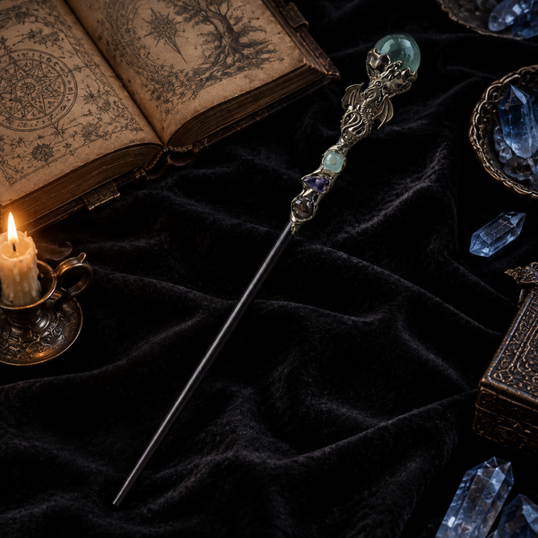 Handmade Green Aventurine Crystal Magic Ritual Wand with Wooden Shaft - styled lifestyle