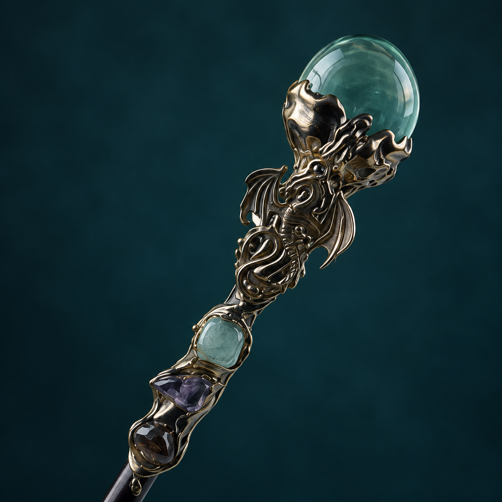 Handmade Green Aventurine Crystal Magic Ritual Wand with Wooden Shaft - crystal close up