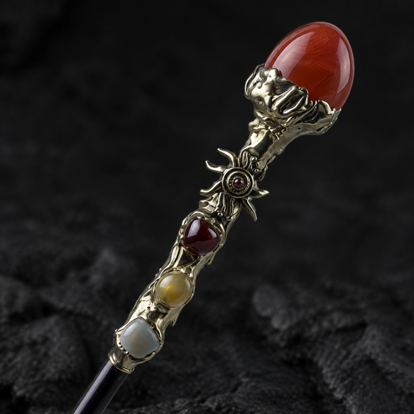 Handmade Red Jasper Crystal Magic Ritual Wand with Wooden Shaft - fitting detail
