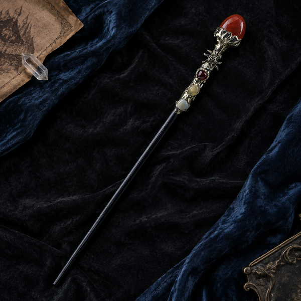 Handmade Red Jasper Crystal Magic Ritual Wand with Wooden Shaft - flat lay