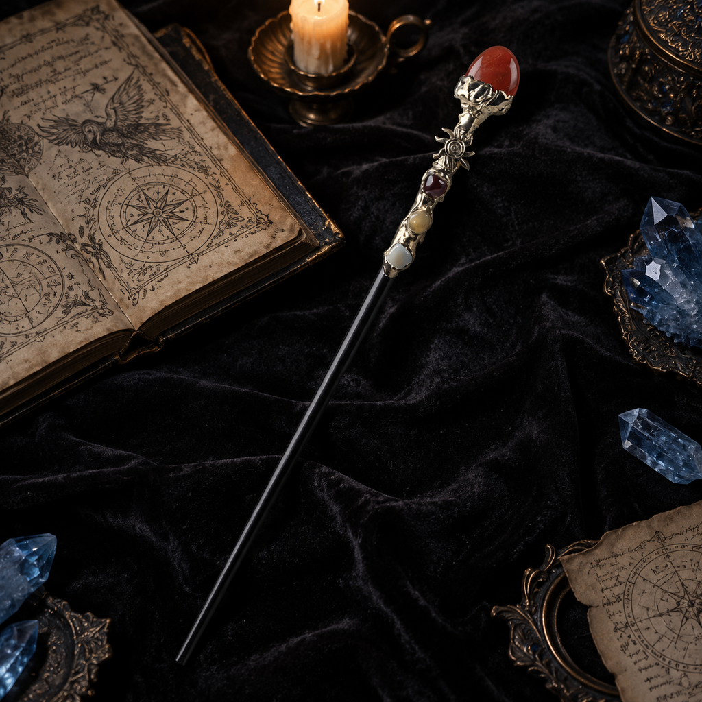 Handmade Red Jasper Crystal Magic Ritual Wand with Wooden Shaft - styled lifestyle