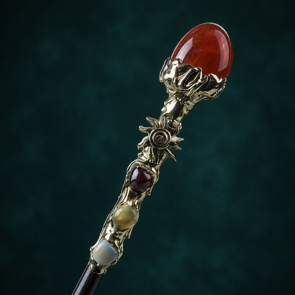 Handmade Red Jasper Crystal Magic Ritual Wand with Wooden Shaft - crystal close up