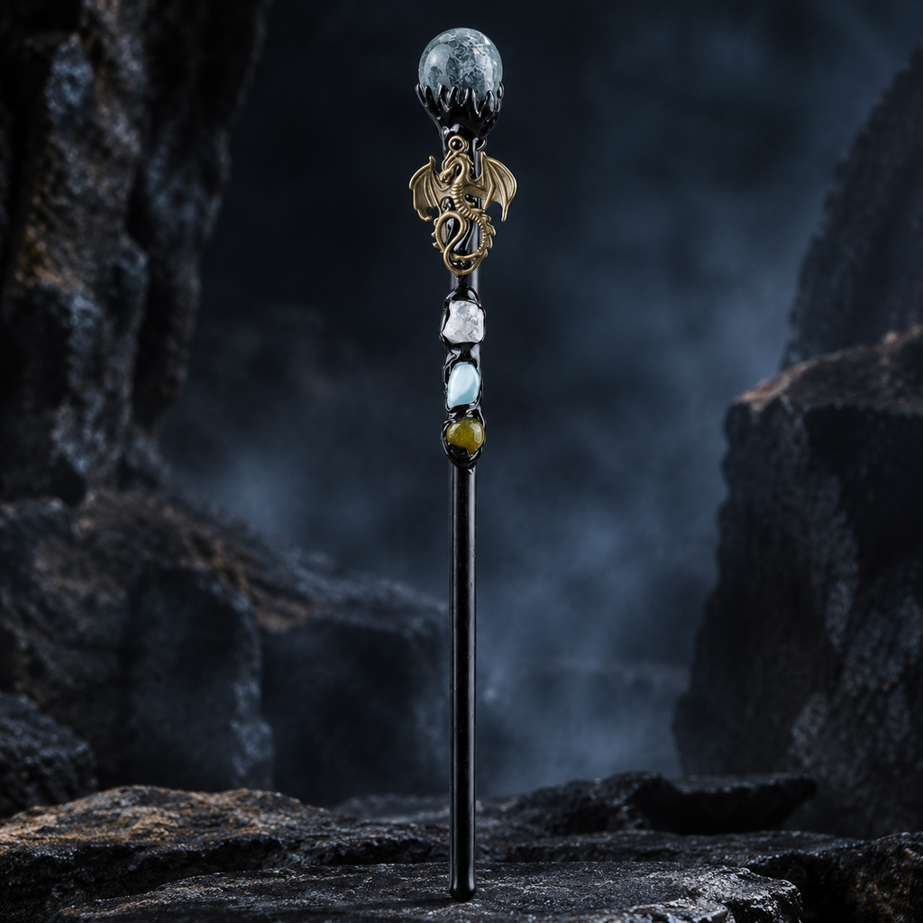 Handmade Seaweed Agate Crystal Magic Ritual Wand with Wooden Shaft - crystal detail