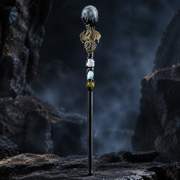 Handmade Seaweed Agate Crystal Magic Ritual Wand with Wooden Shaft - crystal detail