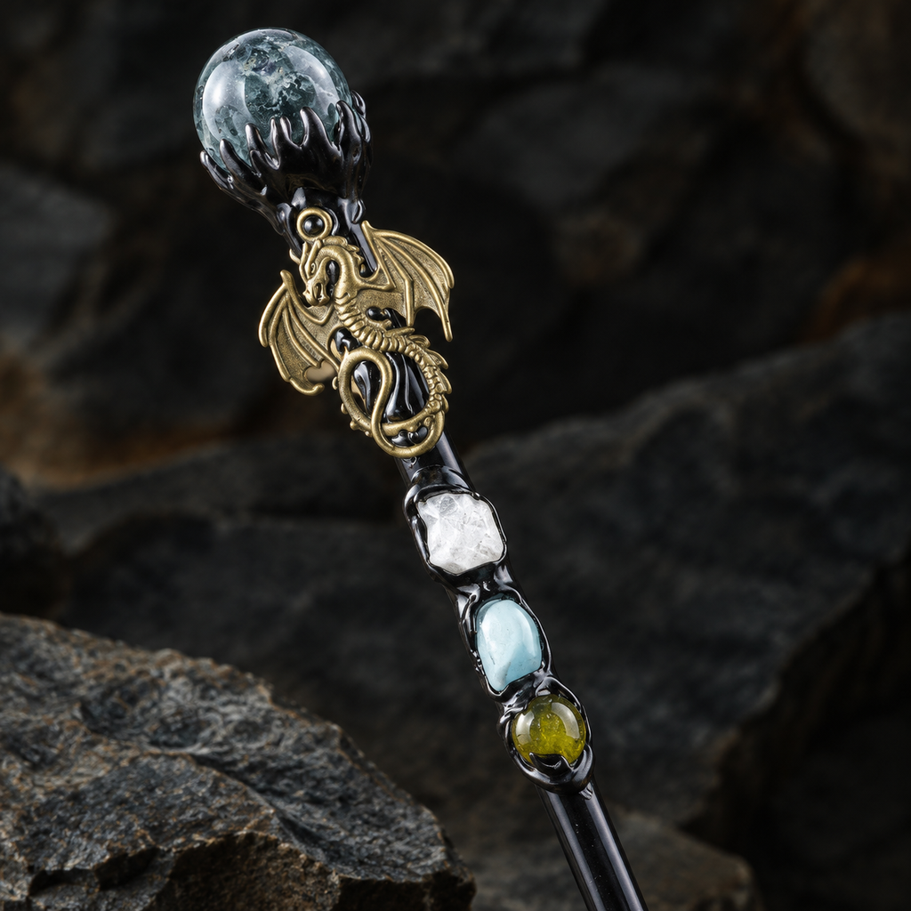 Handmade Seaweed Agate Crystal Magic Ritual Wand with Wooden Shaft - fitting detail