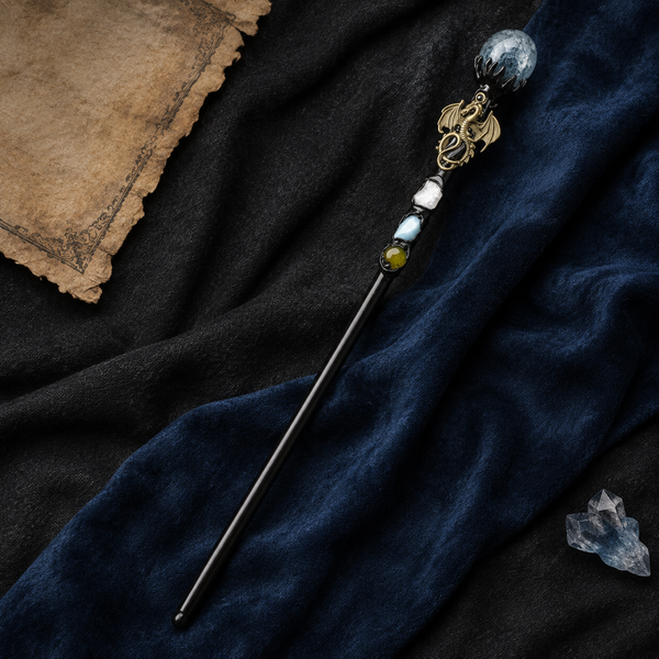 Handmade Seaweed Agate Crystal Magic Ritual Wand with Wooden Shaft - flat lay