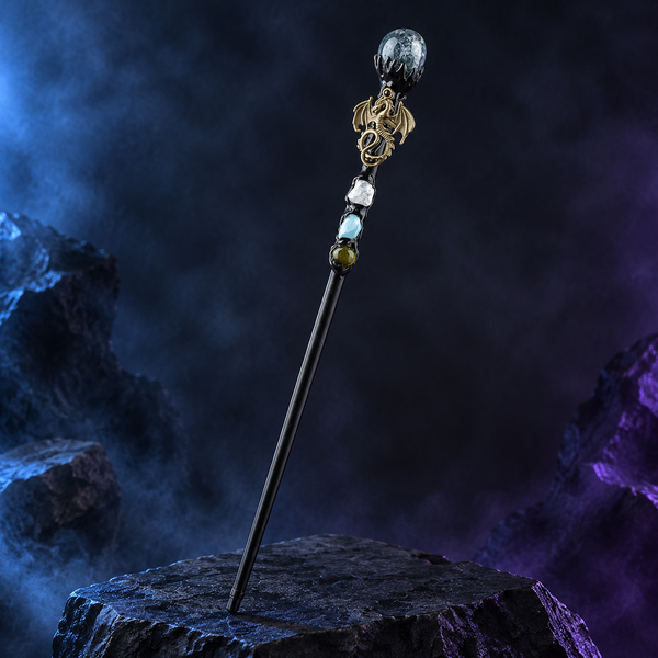 Handmade Seaweed Agate Crystal Magic Ritual Wand with Wooden Shaft - hero shot