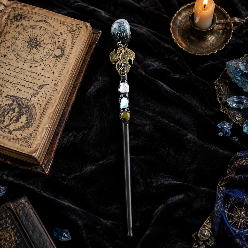 Handmade Seaweed Agate Crystal Magic Ritual Wand with Wooden Shaft - styled lifestyle