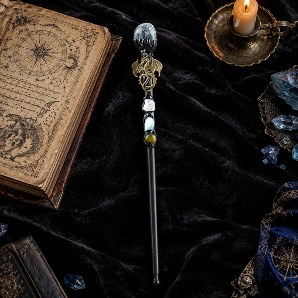 Handmade Seaweed Agate Crystal Magic Ritual Wand with Wooden Shaft - styled lifestyle