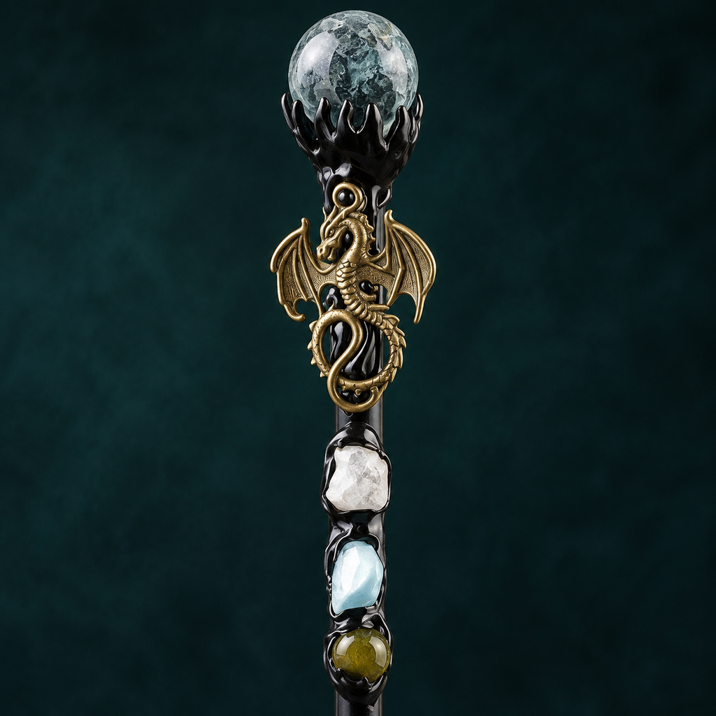 Handmade Seaweed Agate Crystal Magic Ritual Wand with Wooden Shaft - crystal close up