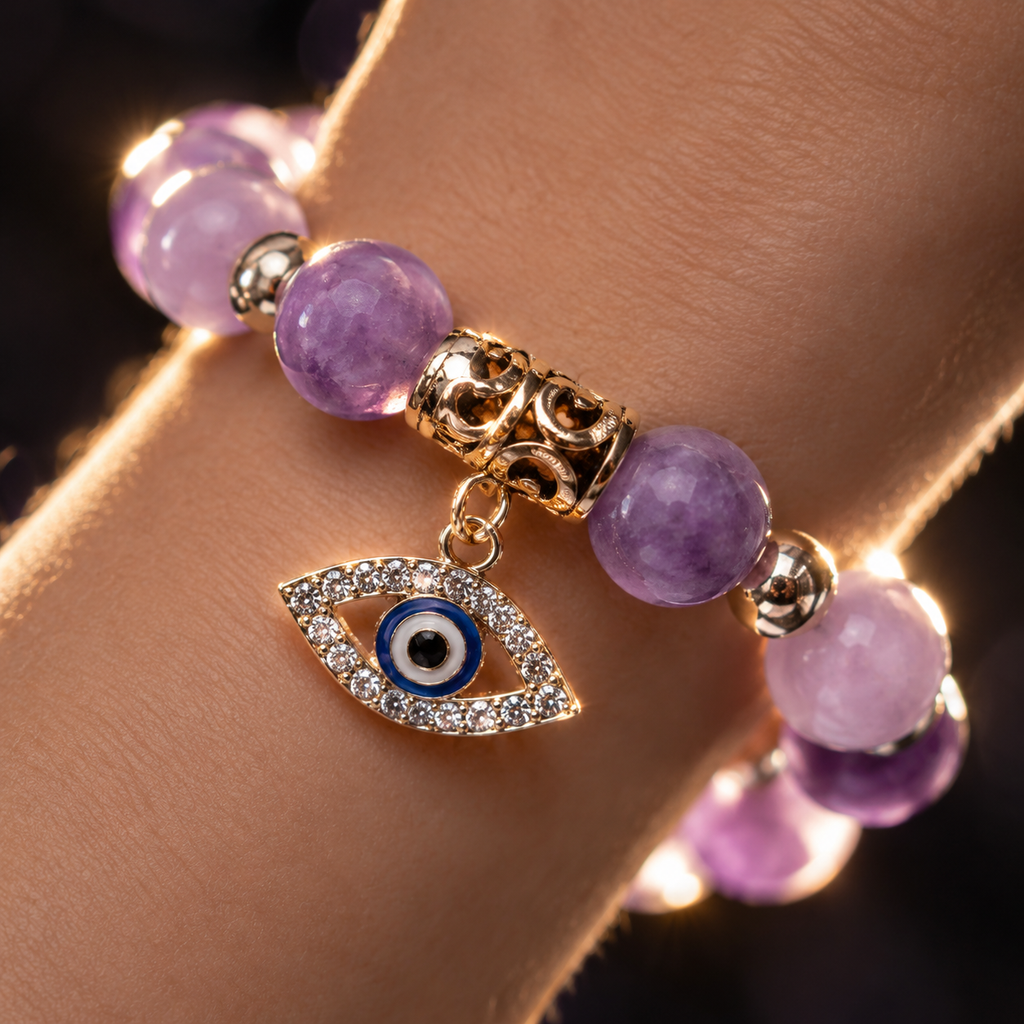 Lavender Purple Stone Evil Eye Bracelet - detail 2