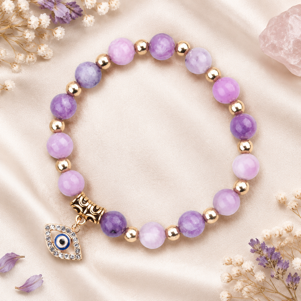Lavender Purple Stone Evil Eye Bracelet - flat lay