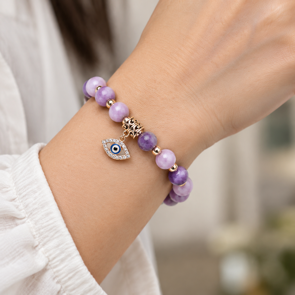 Lavender Purple Stone Evil Eye Bracelet - wear closeup