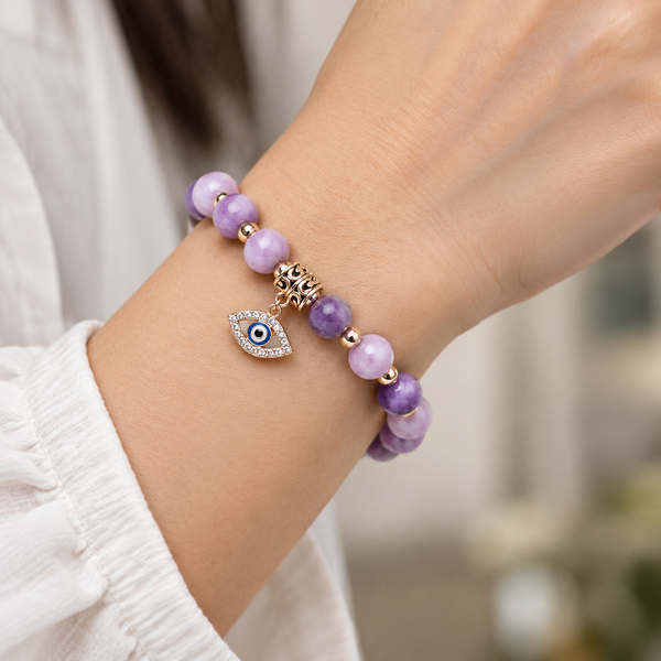 Lavender Purple Stone Evil Eye Bracelet - wear closeup