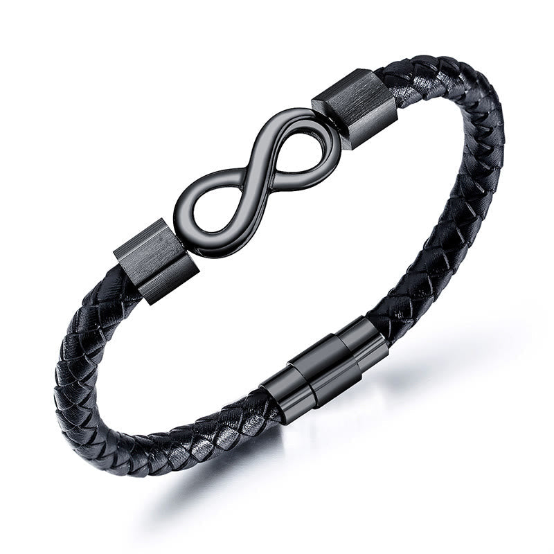 Endless Knot Titanium Steel Leather Bracelet – Black braided leather with matte black infinity clasp and hexagonal end caps, white background three-quarter
