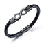 Endless Knot Titanium Steel Leather Bracelet – Black braided leather with matte black infinity clasp and hexagonal end caps, white background three-quarter
