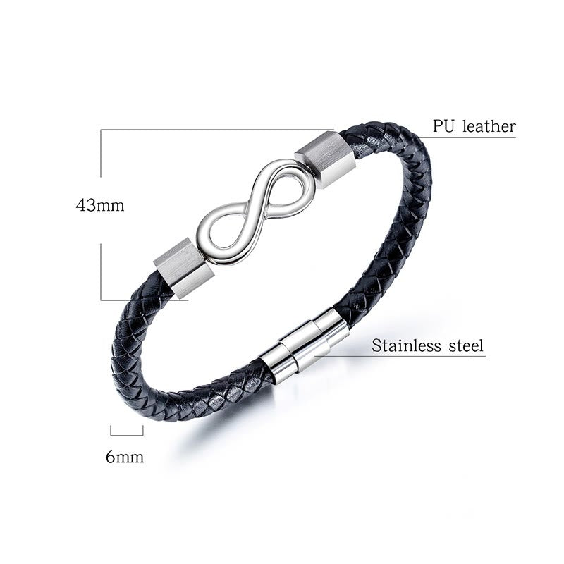 Endless Knot Titanium Steel Leather Bracelet – 6mm black PU leather with silver stainless steel infinity clasp 43mm, white background with spec labels