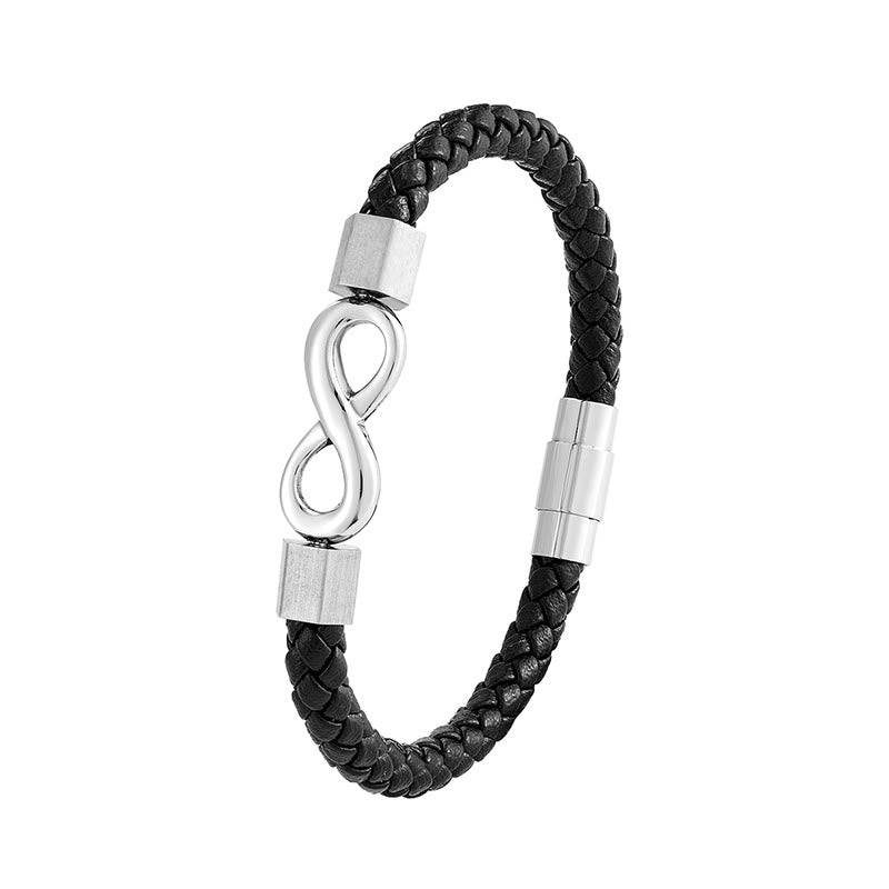 Endless Knot Titanium Steel Leather Bracelet – Silver infinity clasp black leather bracelet on pure white seamless, e-commerce product photo