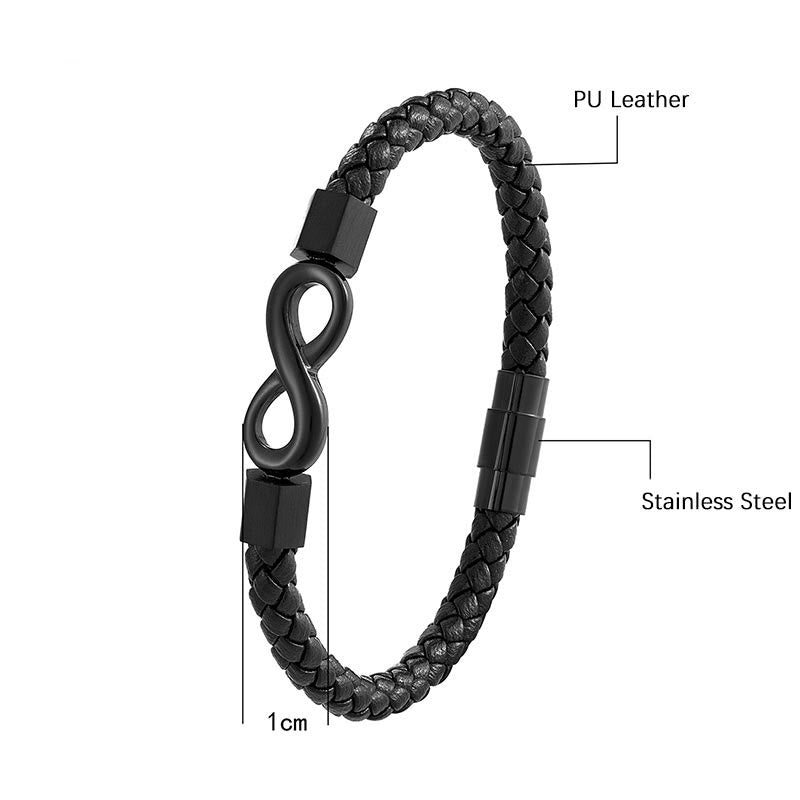 Endless Knot Titanium Steel Leather Bracelet – Black PU leather infinity clasp with magnetic closure, white background with 1cm scale and annotations, side view