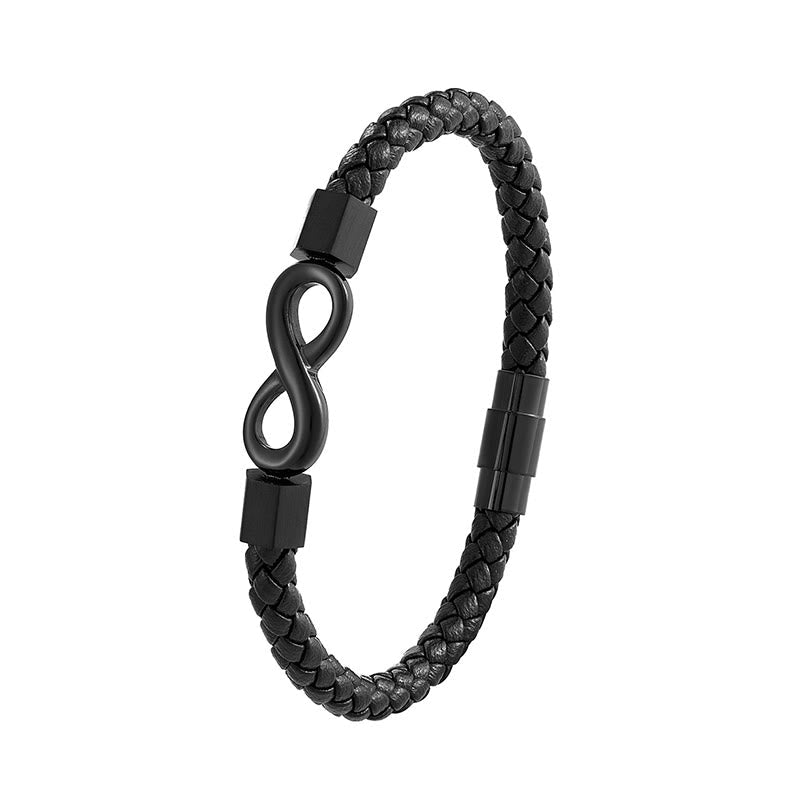 Endless Knot Titanium Steel Leather Bracelet – Black braided leather with matte infinity clasp, pure white seamless background, product photography