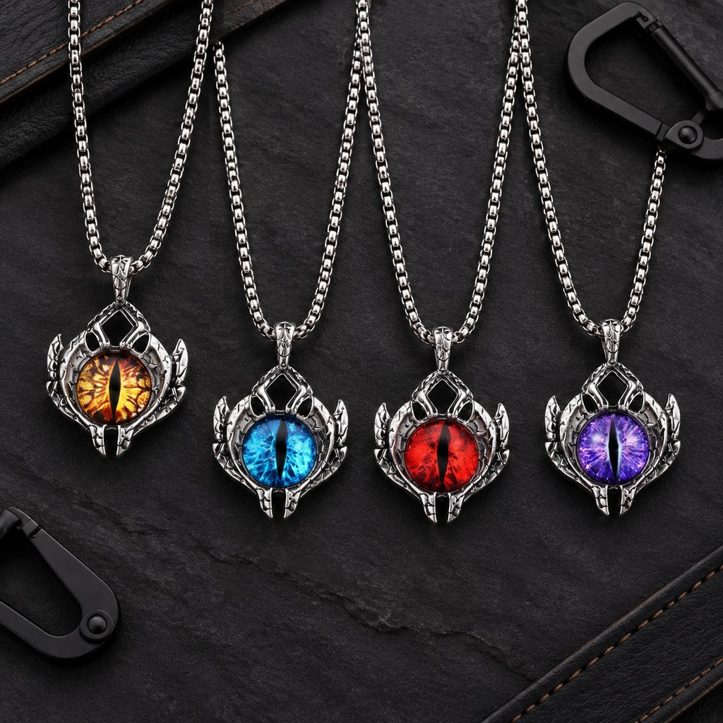 Men's Evil Eye Box Chain Necklace – Flat lay of the pendant and the full 70 cm box chain