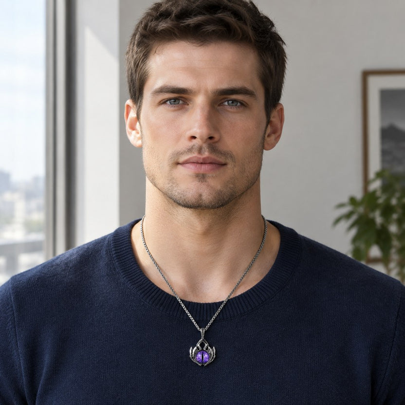 Men's Evil Eye Box Chain Necklace – Necklace worn on a model with the pendant below the collarbone Main image
